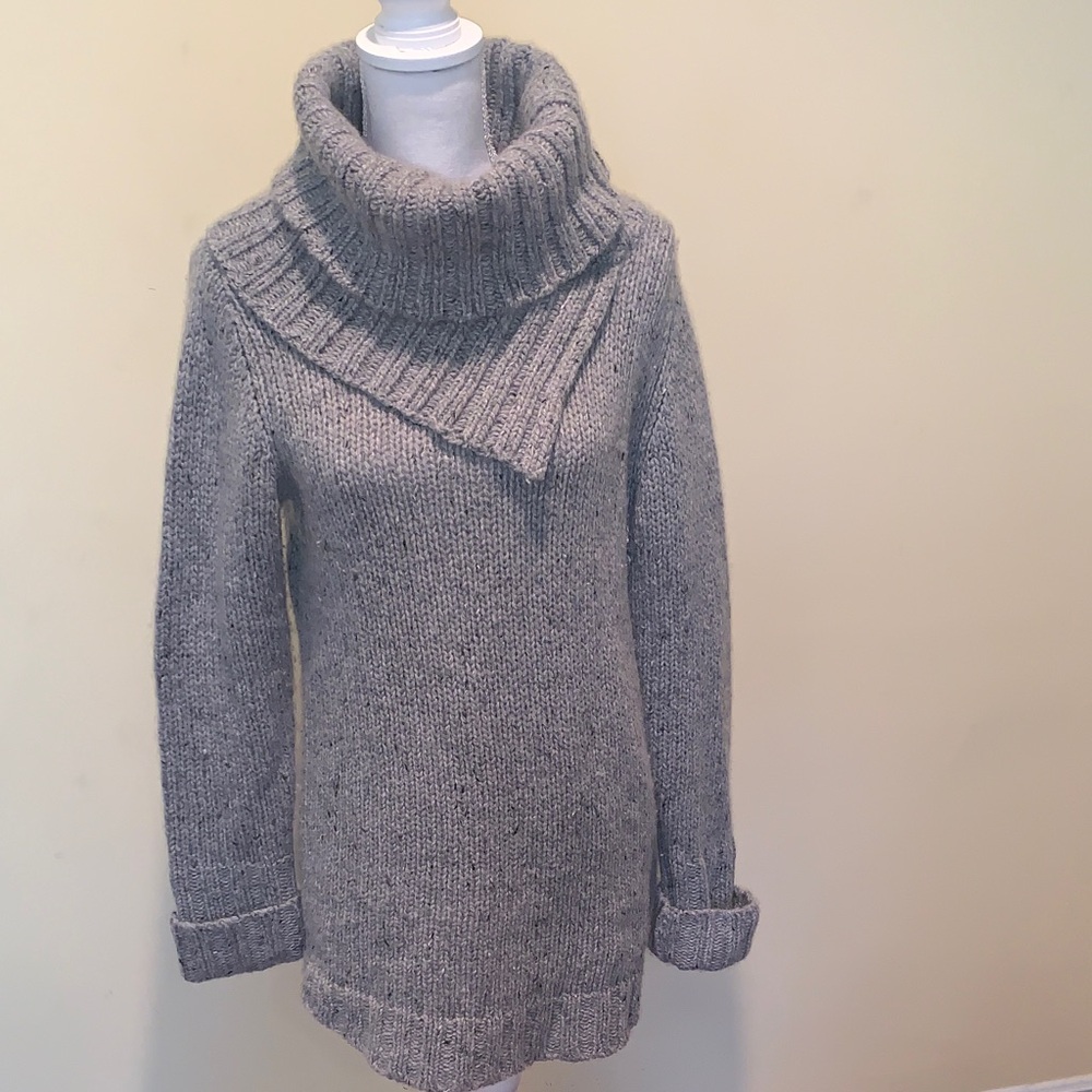 Theory Chunky Knit Gray Sweater Double Layer Turtleneck Wool Cashmere Long